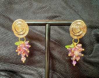 Semi Precious Stone Vinyard Wine Grape Cluster Earrings in Gold