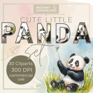 Cute Panda Clipart Set, commercial use (PLR), 30 Watercolor Panda PNGs for Mug Design, Stickers, Wall Art, 300 DPI Instant Download