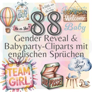 88 Gender Reveal & Baby Shower Cliparts – Engelse spreuken, PNG met transparante achtergrond, 406 DPI, direct downloaden via Google Drive