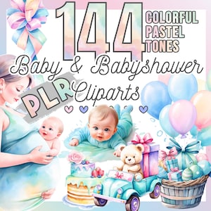 Pack d'images clipart aquarelle pour baby shower : 144 images PNG à usage commercial, téléchargement immédiat
