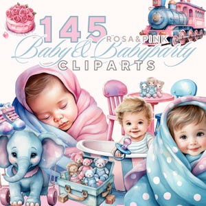 145 cliparts bébé pastel – Motifs aquarelles roses et bleus – PNG avec fond transparent pour invitations, cartes et décorations