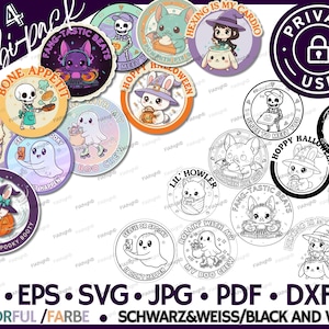 Könnte beinhalten: Eine Sammlung von Halloween-Aufklebern in Farbe und Schwarzweiß. Die Aufkleber zeigen niedliche Cartoon-Charaktere wie Geister, Hasen und Fledermäuse, mit Sätzen wie "Fang-tastic Beats" und "Cutie with a Spooky Booty". Das Set enthält PNG-, EPS-, SVG-, JPG-, PDF-, DXF- und AI-Formate.