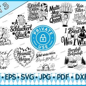 Può includere: Una collezione di grafiche in bianco e nero con temi bavaresi. I disegni includono testo e illustrazioni relative alla birra, all'abbigliamento tradizionale e frasi come "Multi-Mug-tasking Queen" e "Private Use".
