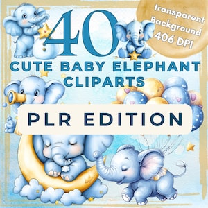 40 Baby Elephant Cliparts Watercolor PNG Bundle with PLR License Digital Sublimation Set for Print on Demand Commercial Use