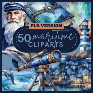 50 clipart di acquerelli nautici | Uso commerciale con PLR | PNG di oceano e mare | Alta risoluzione | Download immediato