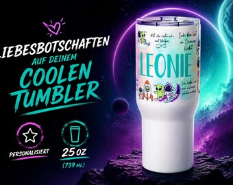 Bicchiere termico personalizzato da 739 ml (25 oz) con messaggi d'amore | Design astronauta alieno | Tazza da viaggio in acciaio inossidabile | Regalo per fidanzato o fidanzata