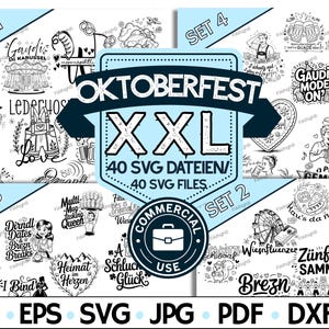 Può includere: Una collezione di file SVG a tema Oktoberfest in bianco e nero. L'immagine presenta vari disegni, tra cui boccali di birra, pretzel e abiti tradizionali tedeschi. Il testo include "Oktoberfest XXL" e "Commercial Use".