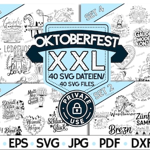 Può includere: Set di design digitale a tema Oktoberfest in bianco e nero. L'immagine presenta varie illustrazioni, tra cui boccali di birra, pretzel e abbigliamento tradizionale bavarese. Testo: "Oktoberfest XXL" e opzioni di tipo di file.
