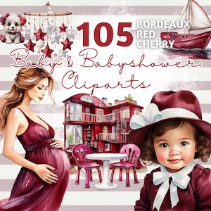105 rode babyshower-clipart met PLR | 6000x6000px PNG | Commercieel gebruik + wederverkooprechten | Baby-afbeeldingen met kersen, wijn en bordeaux