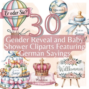 Duitse Gender Reveal & Baby Shower Clipart Bundel - 30 PNG-afbeeldingen met hoge resolutie en spreuken