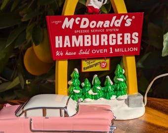 Dept. 56 McDonald&#39;s Street Sign Light Up The Night 54925 with Classic Car Snow Village-Ceramic-Christmas Village