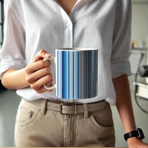 Puede incluir: Taza de cerámica blanca con un diseño de rayas verticales en tonos azules, grises y naranja. La taza es sostenida por una persona que lleva una camisa blanca y pantalones color caqui. La taza tiene un asa blanca.