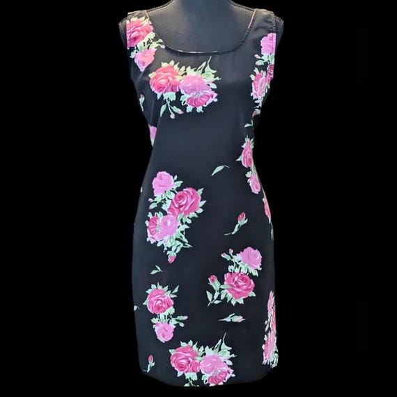 Vintage 90s Floral Black and Pink Dress With Roses Mini