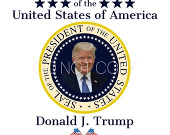 May include: A blue and gold presidential seal with a portrait of Donald J. Trump. The seal has the words "President of the United States" and "Seal of the United States" around the edge. The text "47th President of the United States of America" is above the seal. The text "Donald J. Trump" is below the seal. The text "January 20, 2025" is below the name. Two crossed American flags are below the date.