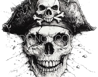 Könnte beinhalten: Eine Schwarzweißillustration eines Schädels, der einen Piratenhut mit einem Totenkopf- und Knochenkreuz-Design trägt. Der Schädel ist rissig und hat einen bedrohlichen Ausdruck.