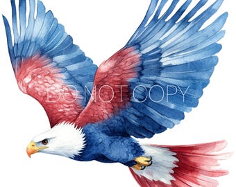 Puede incluir: Una pintura de acuarela de un águila calva con plumas rojas, blancas y azules, volando con las alas extendidas. La cabeza del águila está girada hacia un lado y su pico está abierto.