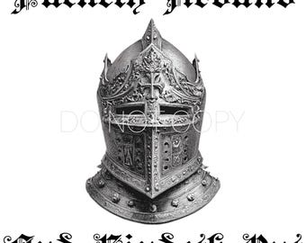 Puede incluir: Imagen en escala de grises de un casco de caballero medieval con intrincados grabados y un diseño de cruz. El texto en la parte superior dice "Fucketh Around" y el texto en la parte inferior dice "And Findeth Out".