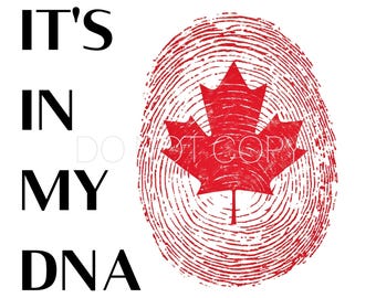 Pode incluir: Texto "It's in my DNA" com uma folha de bordo vermelha dentro de um design de impressão digital.