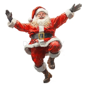 May include: A watercolour illustration of Father Christmas in a red suit with white fur trim, black gloves, and brown boots. He is smiling with arms outstretched, appearing to jump or dance. The image has a festive, joyful theme.
