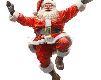 May include: A watercolor illustration of Santa Claus in a red suit with white fur trim, black gloves, and brown boots. He is smiling and has his arms outstretched, appearing to be jumping or dancing. The image has a festive, joyful theme.