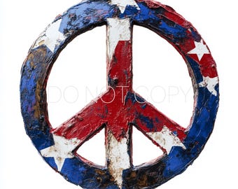 May include: A wooden peace sign painted in red, white, and blue with stars. The peace sign is distressed and has a rustic look.
