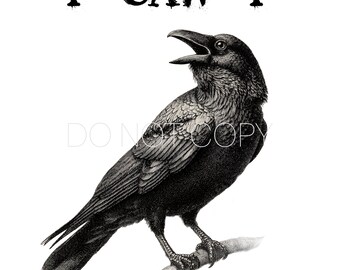 Puede incluir: Ilustración en blanco y negro de un cuervo posado en una rama, con el pico abierto. El texto "F - CAW - F" está encima del cuervo. La imagen tiene un estilo vintage y detallado, adecuada para decoración de pared.