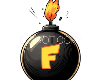 May include: A cartoon-style illustration of a black bomb with a yellow "F" on its surface. The bomb has a lit fuse with orange and yellow flames. The image is set against a white background.