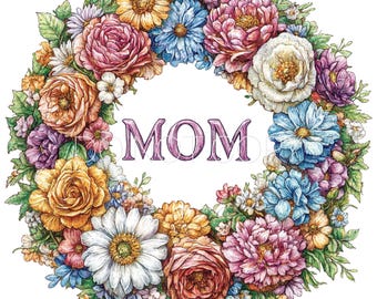 Puede incluir: Una corona de flores con una variedad de flores en tonos de rosa, amarillo, azul y morado. La corona está dispuesta en círculo con la palabra "MOM" en el centro en letras moradas.