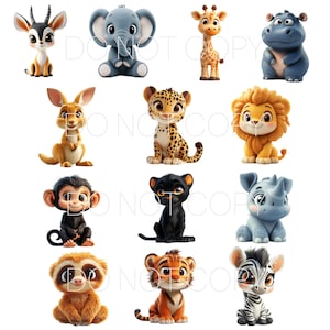 Bundle de clipart bébé animaux de la jungle - 13 fichiers PNG à téléchargement numérique