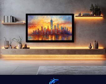 TV アート ニューヨーク シティ スカイライン 油絵 画像 - JPEG デジタル ダウンロード ファイル