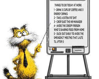 Puede incluir: Imagen de un gato amarillo de dibujos animados con barba blanca y gafas, señalando una pizarra. La pizarra enumera tareas humorísticas relacionadas con el trabajo, como beber café y evitar reuniones. El gato lleva una corbata negra.