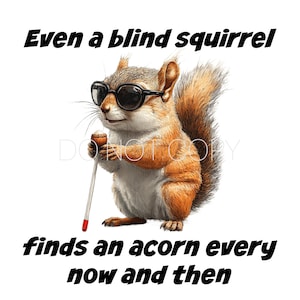 Puede incluir: Una ilustración de dibujos animados de una ardilla ciega que lleva gafas de sol y sostiene un bastón blanco. La ardilla sostiene una bellota en su otra pata. El texto "Incluso una ardilla ciega encuentra una bellota de vez en cuando" está debajo de la ardilla.