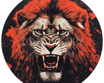 May include: A round, black graphic featuring a roaring lion with a red mane and open mouth, displaying sharp teeth. The lion's face is detailed with red and brown tones, set against a black background with red splatter effects. Text reads "DO NOT COPY".