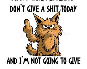 Könnte beinhalten: Eine grafische Illustration einer mürrischen orangefarbenen Katze, die den Mittelfinger zeigt. Der Text oben lautet DIDN'T CARE YESTERDAY DON'T GIVE A SHIT TODAY und der Text unten lautet AND I'M NOT GOING TO GIVE A FUCK TOMORROW in schwarzer Schrift.