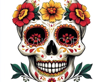 May include: A white sugar skull with red, yellow, and orange flowers on its head. The skull is decorated with intricate designs and has black eyes. The skull is smiling and has a green leaf on each side of its jaw.