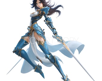 Könnte beinhalten: Illustration einer Kriegerin in blau-goldener Rüstung, die ein Schwert hält. Die Figur hat lange dunkle Haare und posiert dynamisch vor einem weißen Hintergrund. Die Rüstung weist komplizierte Details auf.