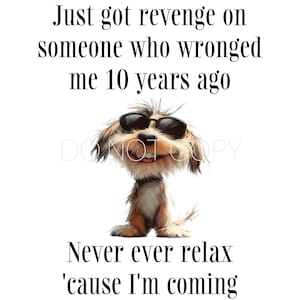 May include: A cartoon dog wearing sunglasses with the text "Just got revenge on someone who wronged me 10 years ago. Never ever relax 'cause I'm coming."
