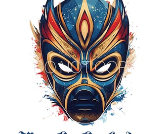 May include: A blue, red, and gold luchador mask with a white background. The mask has a stylized design with a starburst pattern and the text "Viva La Luchador" at the bottom.