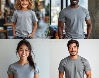 Könnte beinhalten: Vier Personen tragen graue T-Shirts. Zwei Männer und zwei Frauen lächeln in die Kamera.