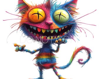 Könnte beinhalten: Eine bunte, cartoonartige Katze mit einem breiten, zahnigen Grinsen. Die Katze hat einen regenbogenfarbenen Körper, eine rosa Nase und große, gelbe und grüne Augen mit schwarzen X. Das Fell der Katze ist flauschig und texturiert.