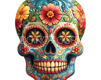 May include: A colorful sugar skull with intricate floral designs and black eyes. The skull is painted in shades of blue, green, yellow, orange, and red.