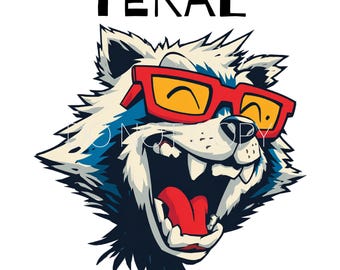 Puede incluir: Ilustración de dibujos animados de un mapache con gafas rojas con lentes amarillas y la boca muy abierta. El mapache tiene pelaje blanco con detalles azules y negros. La palabra "FERAL" está impresa encima de la cabeza del mapache.