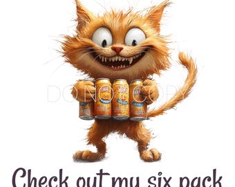 Puede incluir: Un gato naranja de dibujos animados con una gran sonrisa sostiene seis latas de cerveza en sus patas. Las latas son amarillas y tienen una etiqueta roja y blanca con el texto "WAG" en ellas. El gato está de pie sobre un fondo blanco. El texto "Check out my six pack" está escrito debajo del gato.