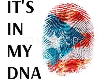 Puede incluir: Diseño gráfico con una huella dactilar en rojo, blanco y azul, con un diseño de estrella. El texto "IT'S IN MY DNA" está impreso en negro, en negrita, sobre un fondo blanco.
