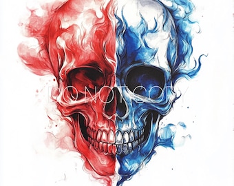 Flaming Red, White and Blue Skull PNG Digital Download File