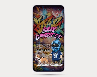 Fondo de pantalla para teléfono Android con diseño de grafiti de un bebé gánster, pantalla de bloqueo con dibujos animados de arte callejero (descarga digital)