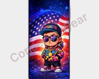 American Baby Gangster Andriod Wallpaper, Neon USA Flag Cartoon Background (Digital Download)