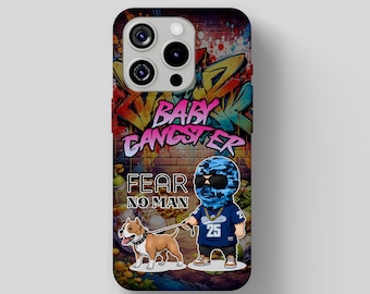 Baby Gangster iphone phone case | graffiti, masked character, dog, "Fear No Man" design