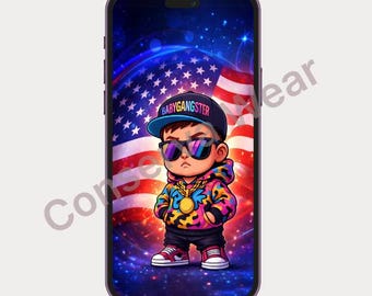 Baby Gangster iPhone Wallpaper, Neon American Flag Lock Screen (Digital Download)