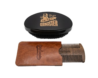 Cepillo y peine para barba BabyGangster 360 Wave con soporte de cuero sintético. Cerdas de jabalí.